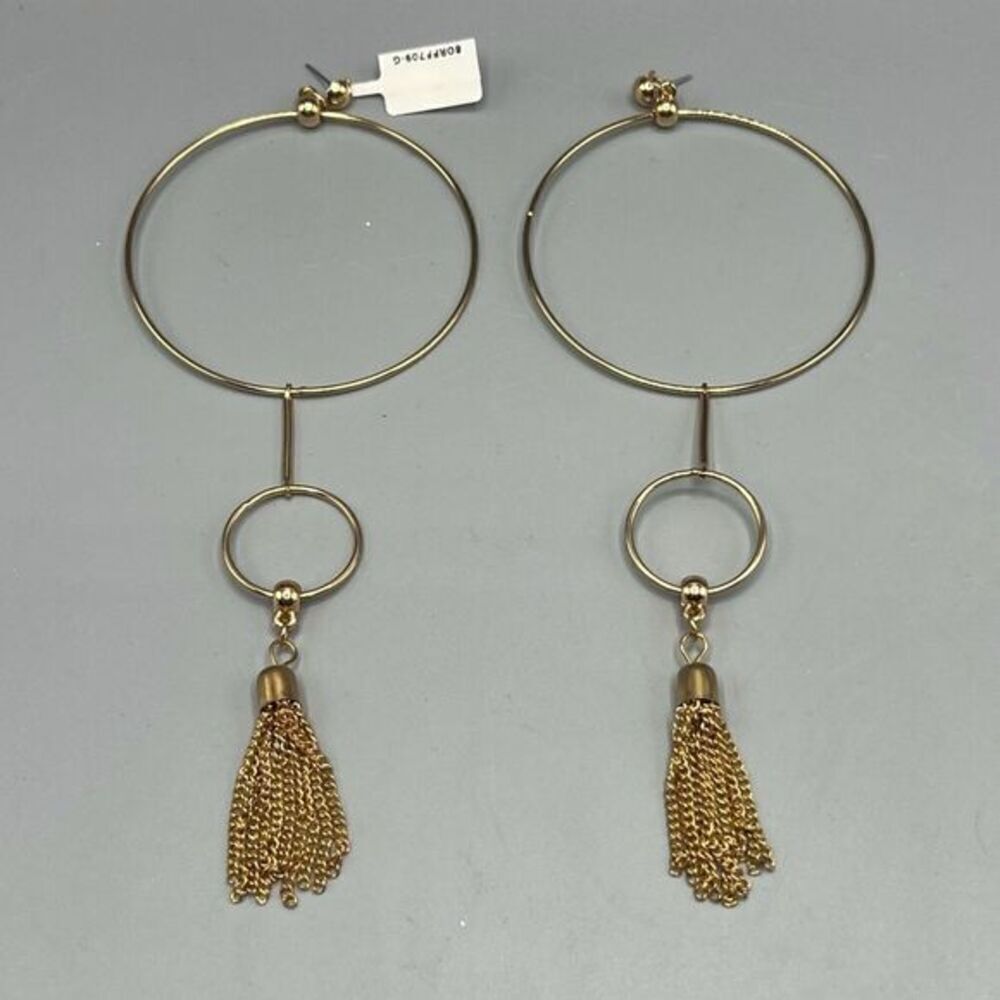 Gold-Tone Long Double Hoop Tassel Earrings